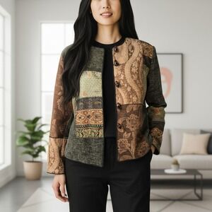 VTG Julia Kim Patchwork Tapestry Jacket Women's M Floral Embroidered Brown/Green